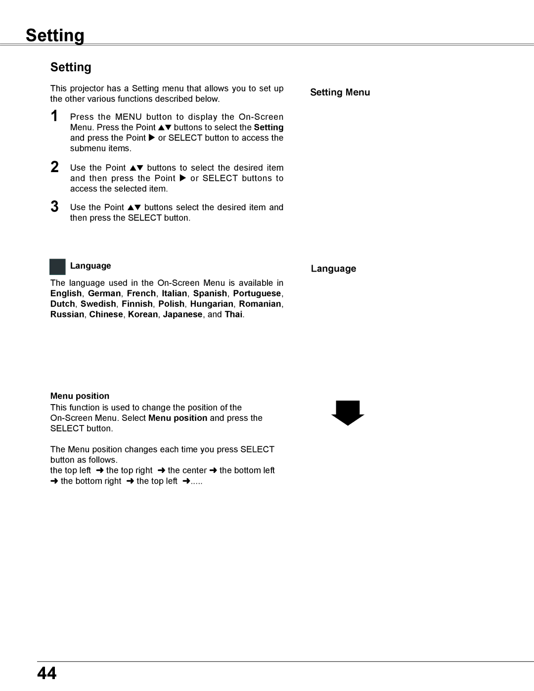 Sanyo PLC-XU300K, PLC-XU350K owner manual Setting Menu Language, Menu position 