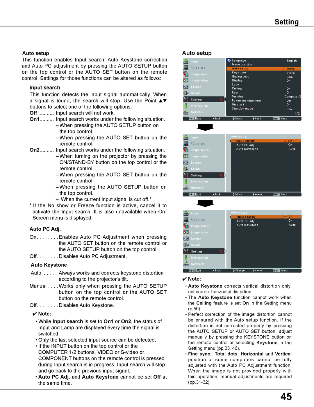 Sanyo PLC-XU300K, PLC-XU350K owner manual Auto setup, Input search, Auto Keystone 