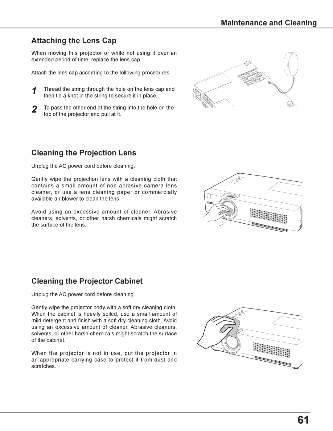 Sanyo PLC-XU300K, PLC-XU350K owner manual Maintenance and Cleaning Attaching the Lens Cap, Cleaning the Projection Lens 