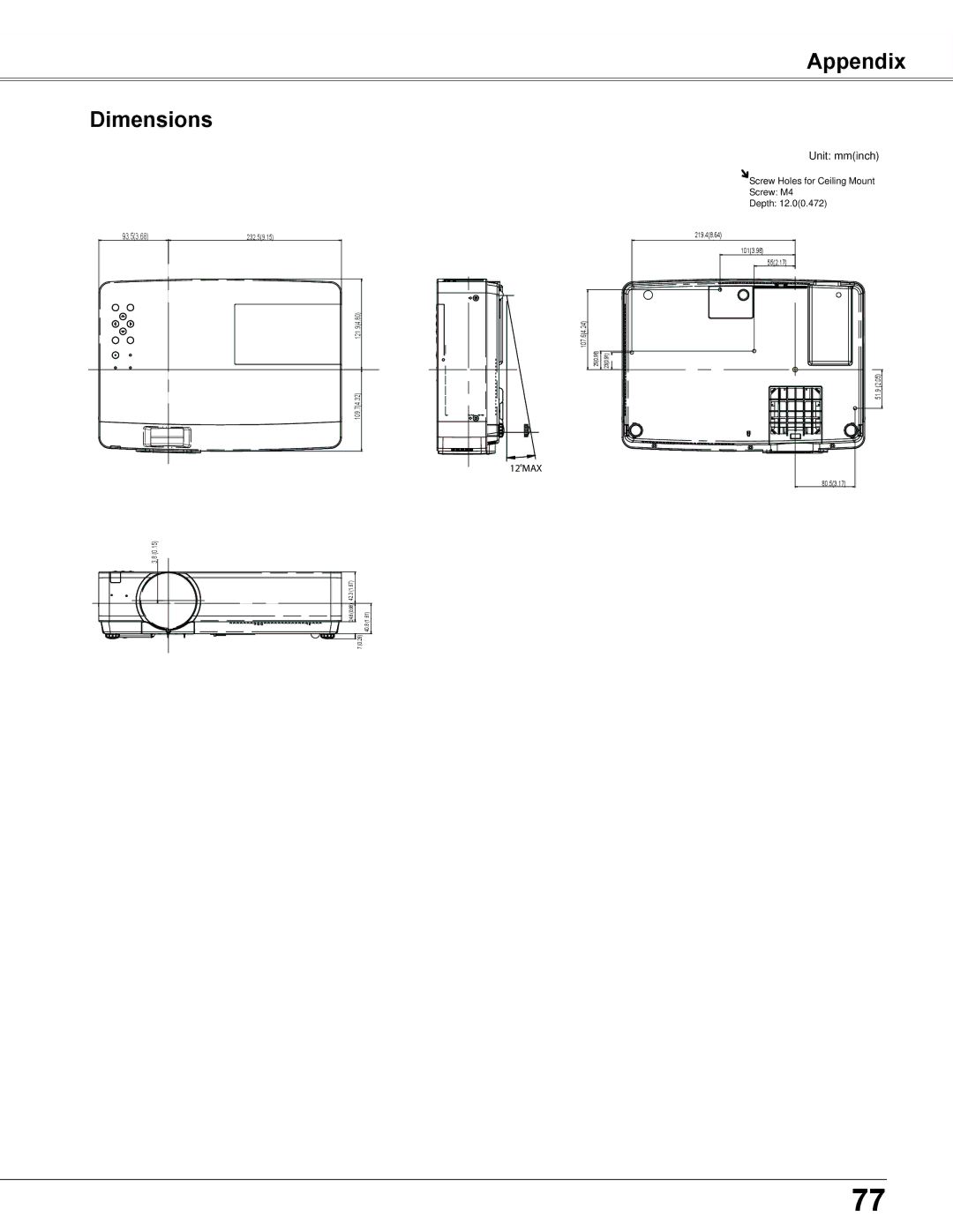 Sanyo PLC-XU300K, PLC-XU350K owner manual Appendix Dimensions, Unit mminch 