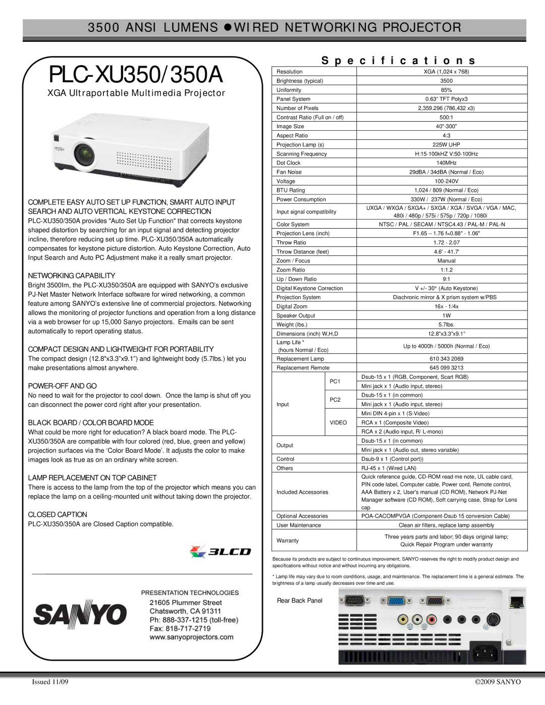 Sanyo PLC-XU350/350A specifications Networking Capability, Compact Design and Lightweight for Portability, Closed Caption 