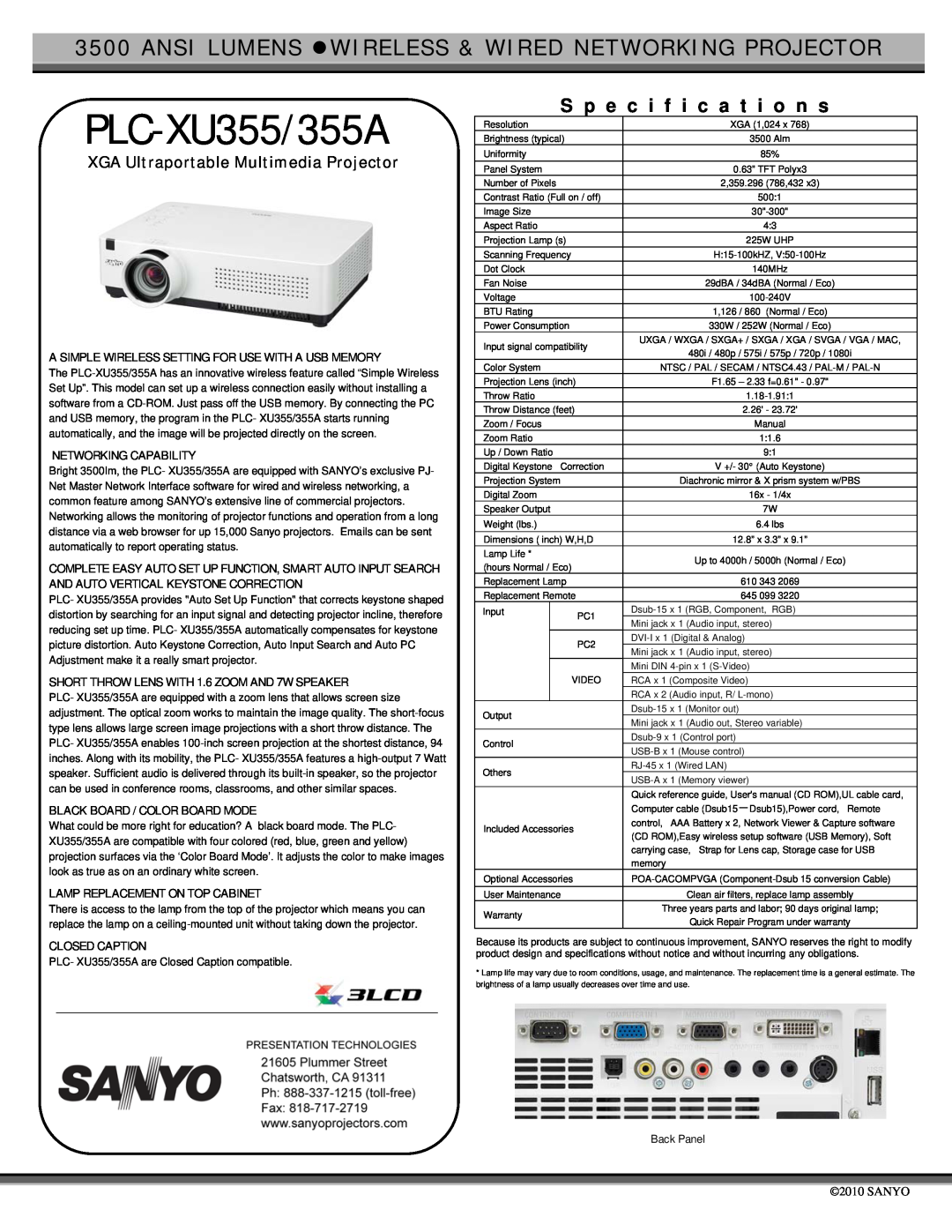 Sanyo PLC-XU355 specifications S p e c i f i c a t i o n s, XGA Ultraportable Multimedia Projector, Networking Capability 