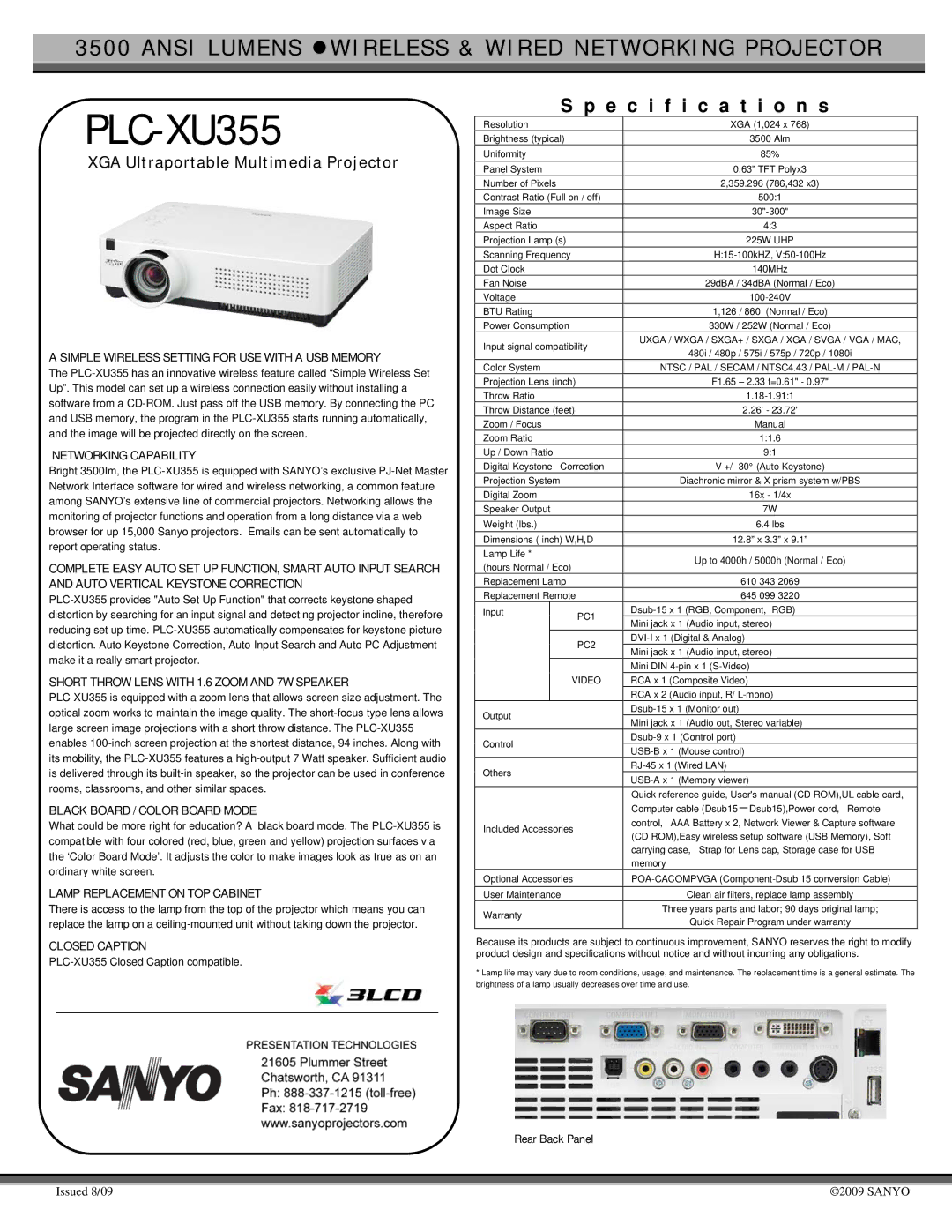 Sanyo PLC-XU355 specifications Simple Wireless Setting for USE with a USB Memory, Networking Capability, Closed Caption 