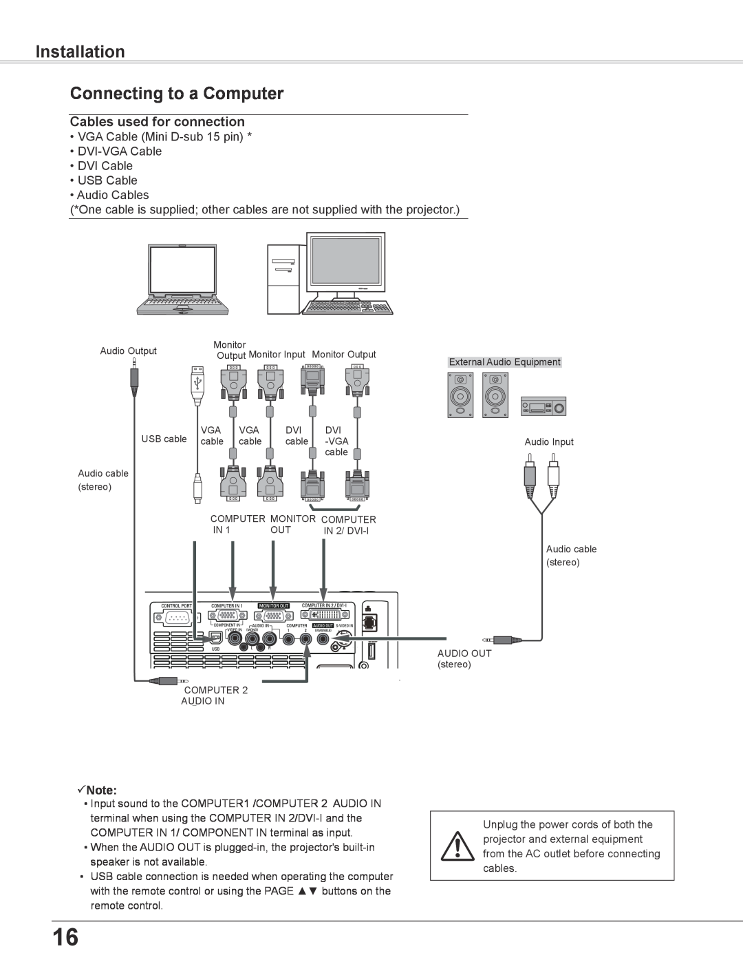 Sanyo PLC-XU355A, PLC-XU305A owner manual Installation Connecting to a Computer, Cables used for connection, Note 