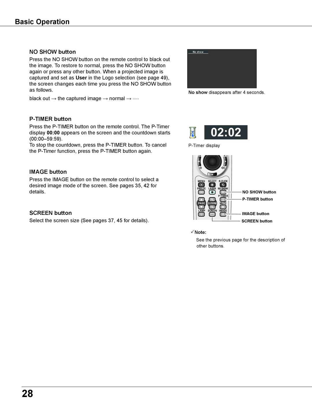 Sanyo PLC-XU355A, PLC-XU305A NO SHOw button, P-TIMER button, IMAGE button, SCREEN button, 0202, Basic Operation, details 