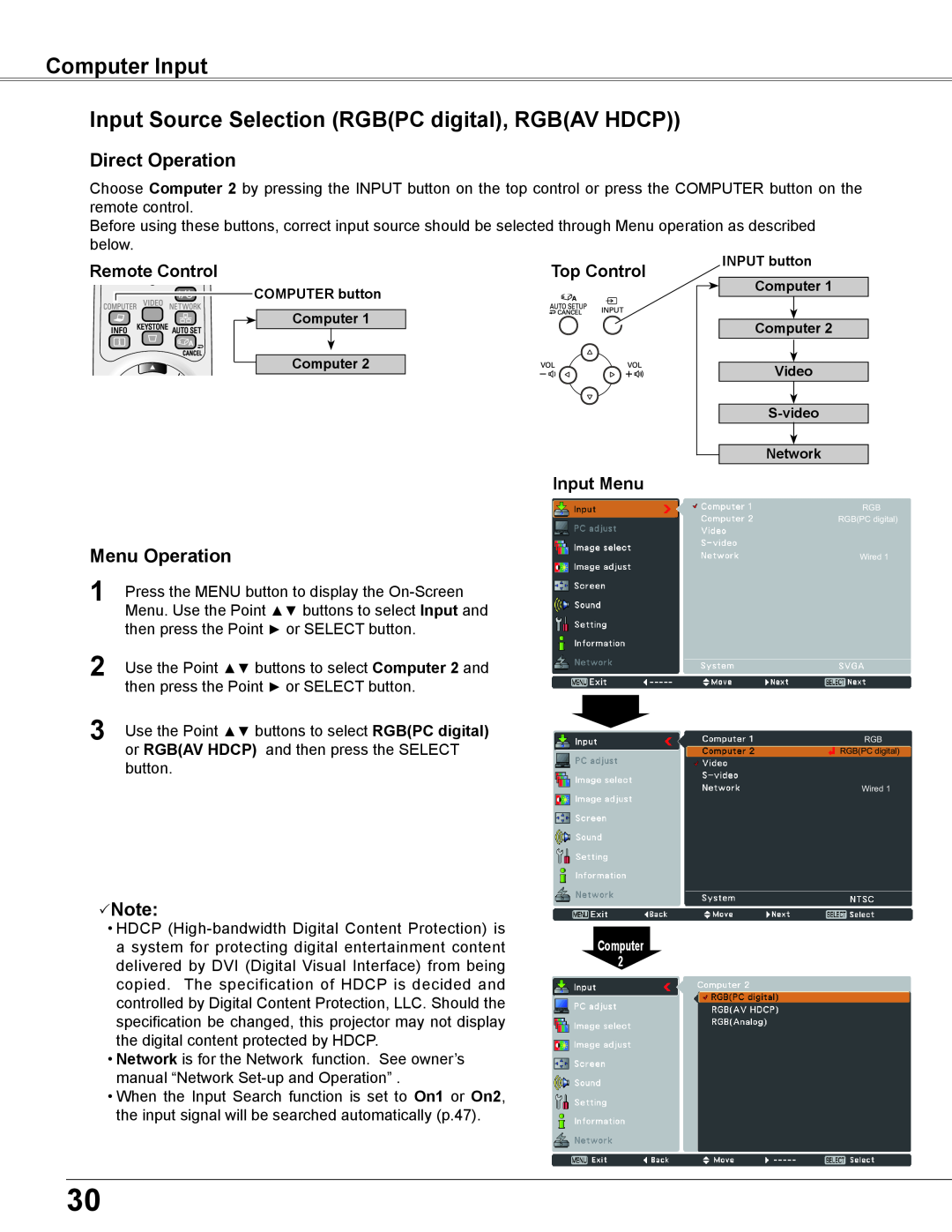 Sanyo PLC-XU355A Computer Input, Input Source Selection RGBPC digital, RGBAV HDCP, Input Menu, Direct Operation, Note 