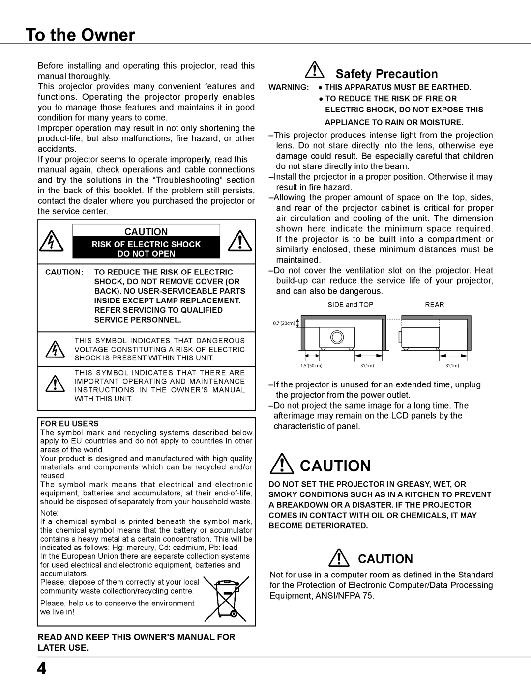 Sanyo PLC-XU355A, PLC-XU305A owner manual To the Owner, Safety Precaution, Risk Of Electric Shock Do Not Open 