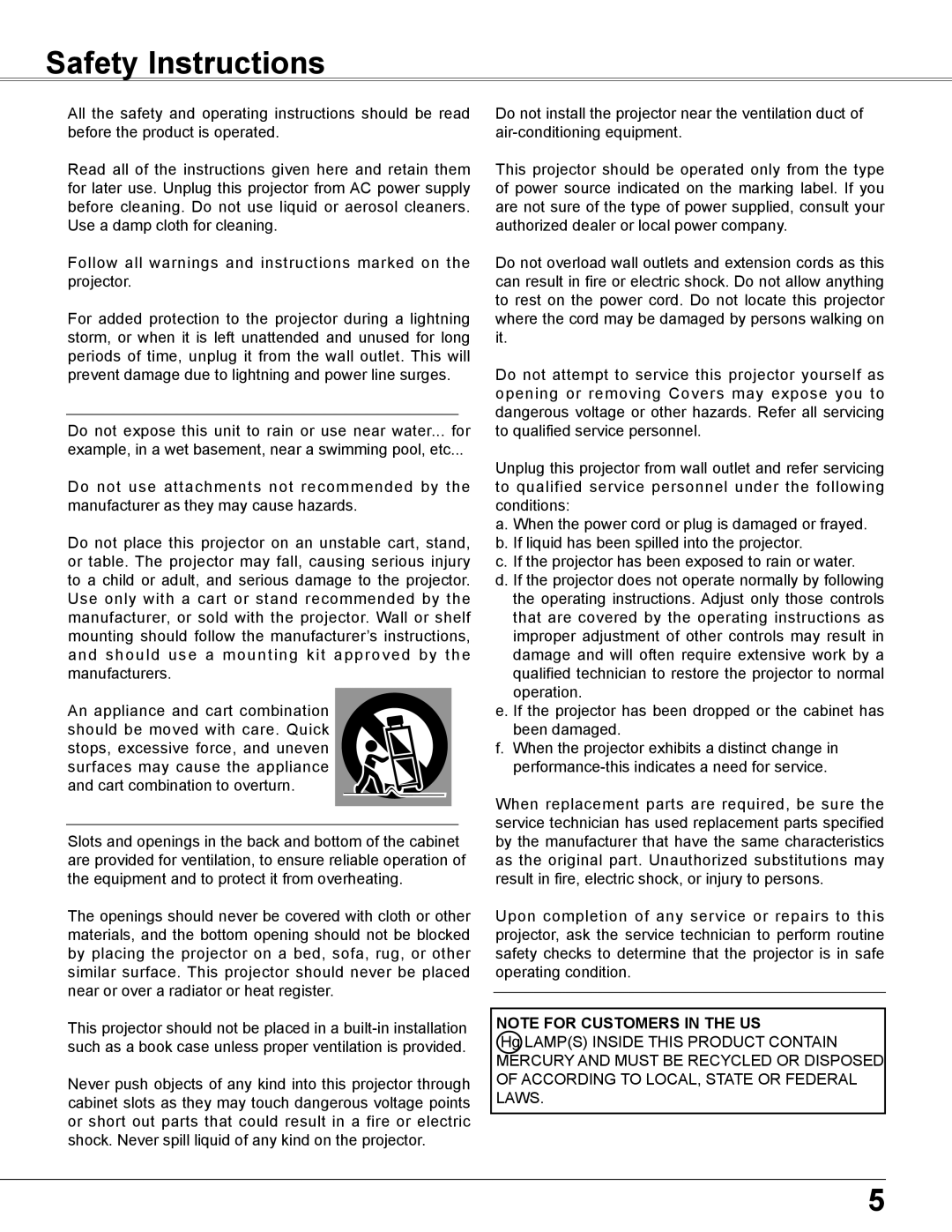 Sanyo PLC-XU305A, PLC-XU355A owner manual Safety Instructions, Note For Customers In The Us 