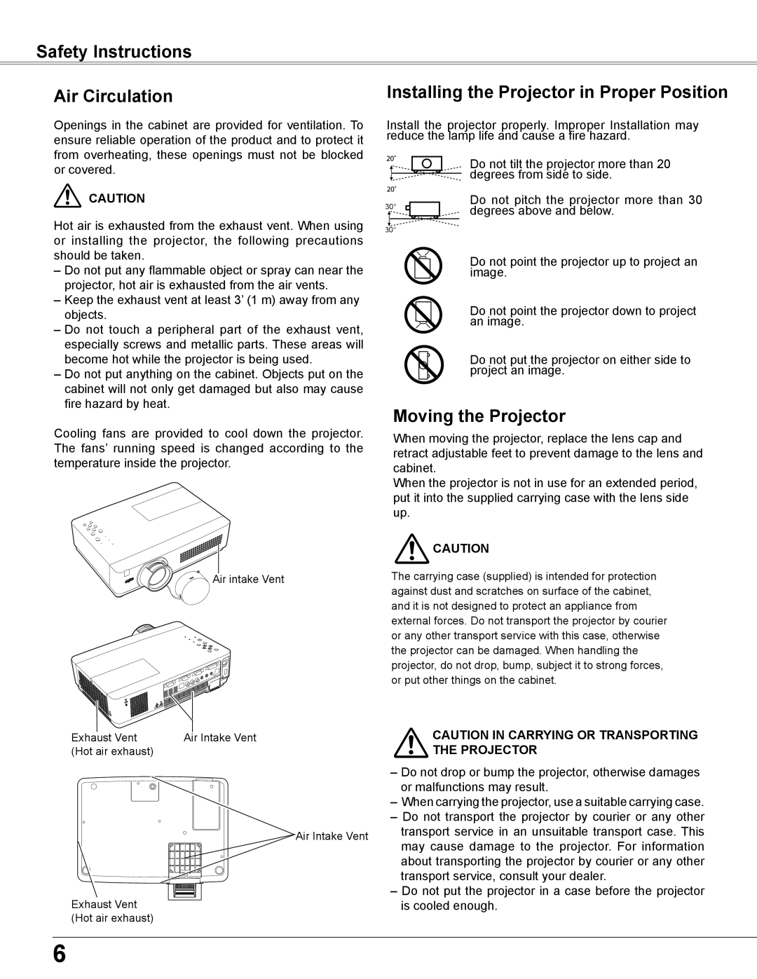 Sanyo PLC-XU355A Safety Instructions Air Circulation, Installing the Projector in Proper Position, Moving the Projector 