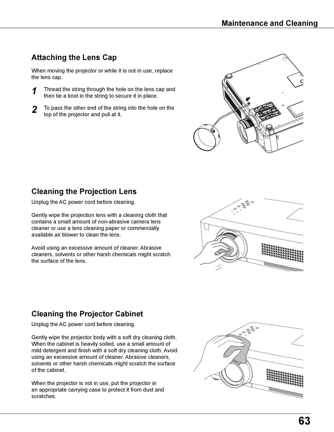 Sanyo PLC-XU305A, PLC-XU355A owner manual Maintenance and Cleaning Attaching the Lens Cap, Cleaning the Projection Lens 
