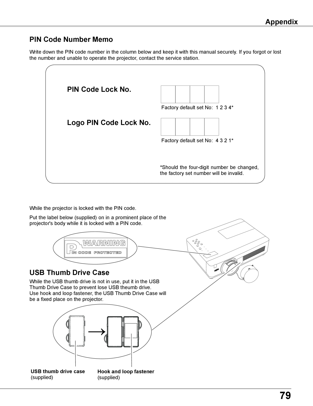 Sanyo PLC-XU305A Appendix PIN Code Number Memo, Logo PIN Code Lock No, USB Thumb Drive Case, USB thumb drive case 