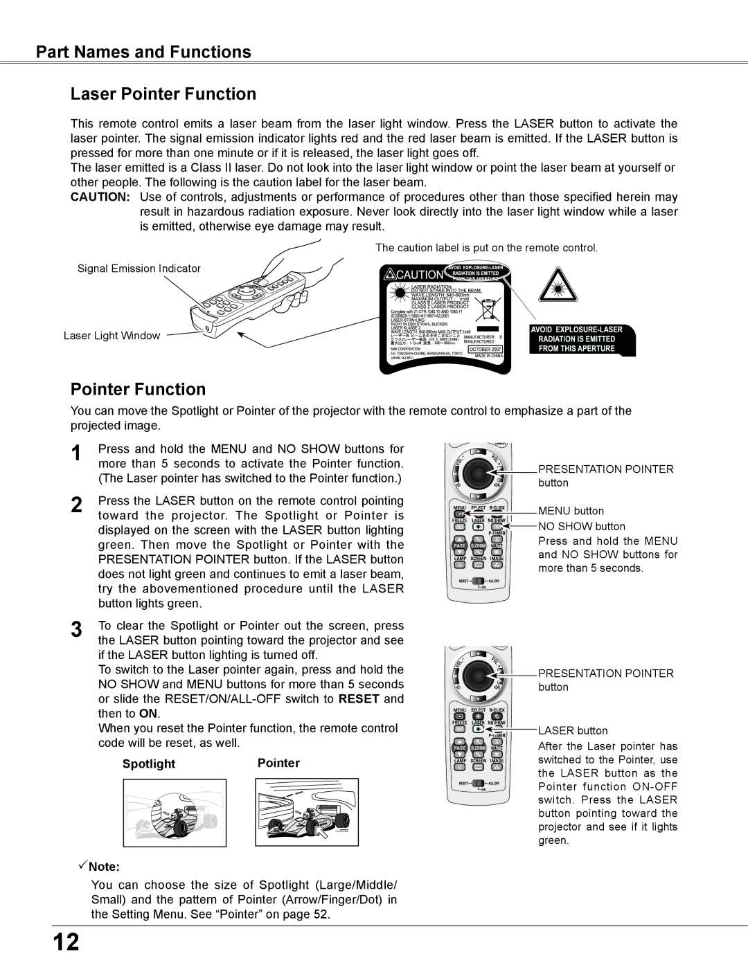 Sanyo PLC-XU355A, PLC-XU305A owner manual Part Names and Functions Laser Pointer Function, Spotlight 