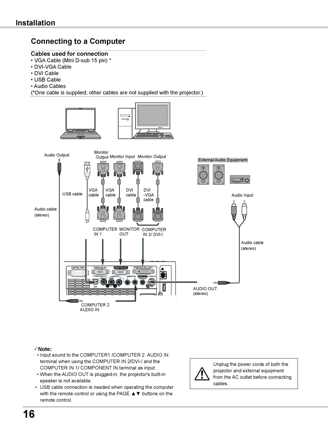 Sanyo PLC-XU355A, PLC-XU305A owner manual Installation Connecting to a Computer, Cables used for connection 