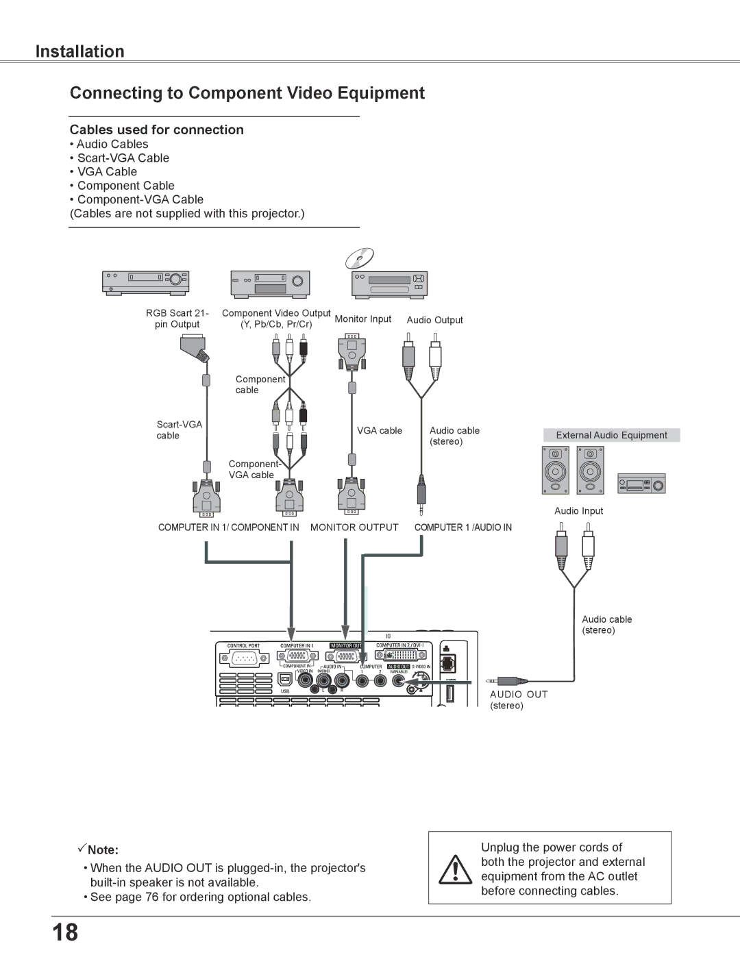 Sanyo PLC-XU355A, PLC-XU305A owner manual Installation Connecting to Component Video Equipment 