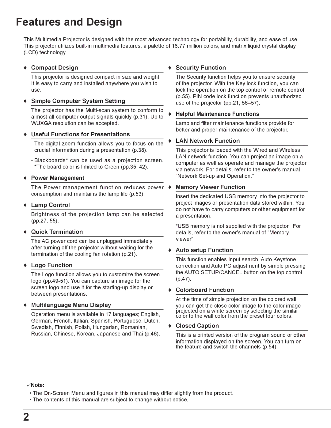 Sanyo PLC-XU355A, PLC-XU305A owner manual Features and Design 