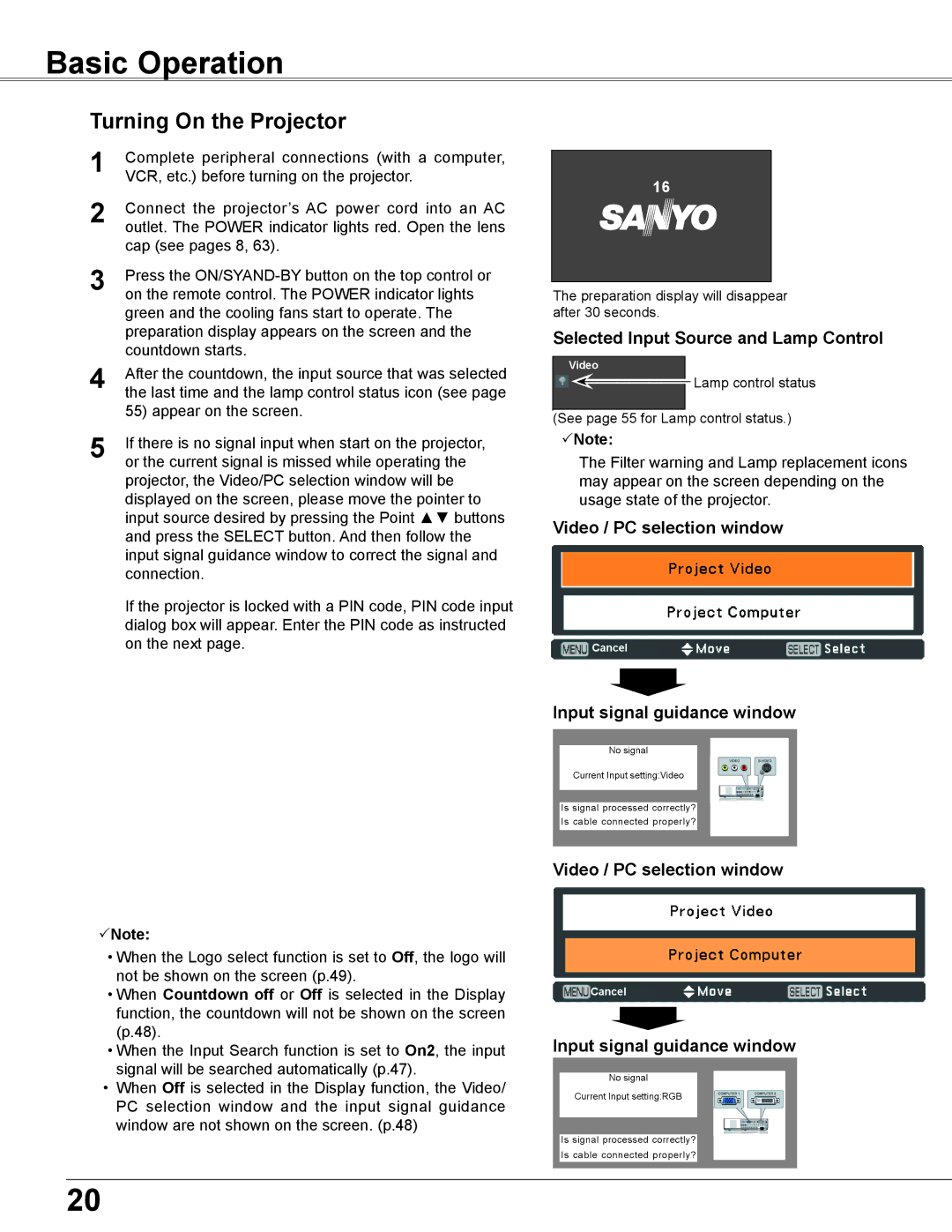 Sanyo PLC-XU355A, PLC-XU305A owner manual Basic Operation, Turning On the Projector, Selected Input Source and Lamp Control 