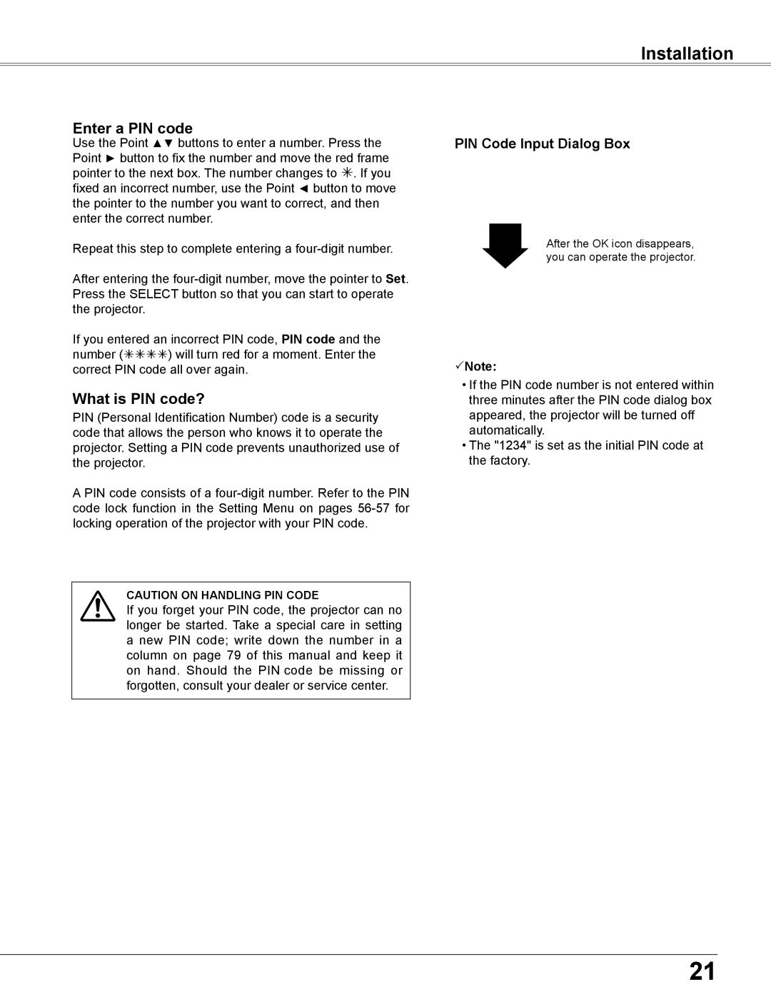 Sanyo PLC-XU305A, PLC-XU355A owner manual Installation, PIN Code Input Dialog Box 