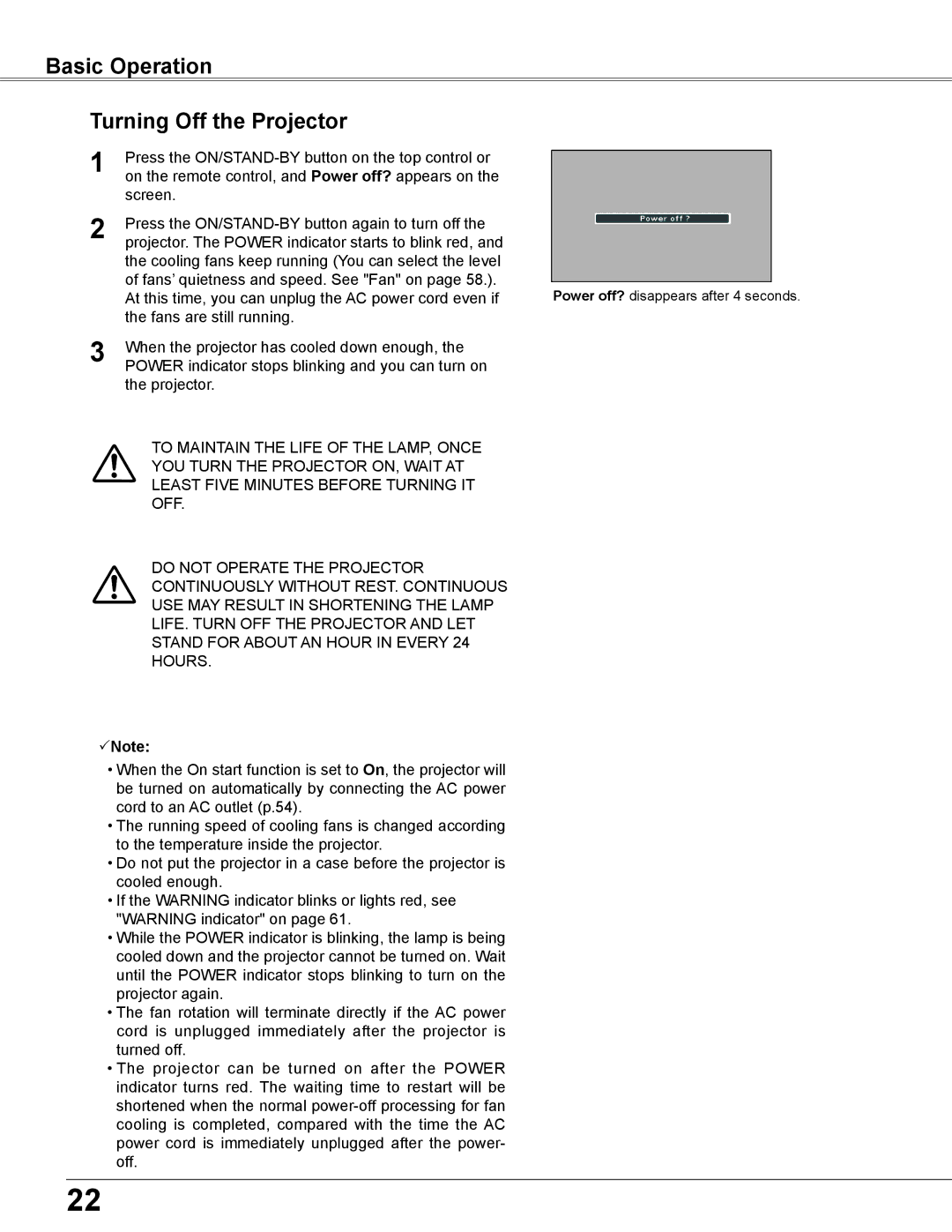 Sanyo PLC-XU355A, PLC-XU305A owner manual Basic Operation Turning Off the Projector 