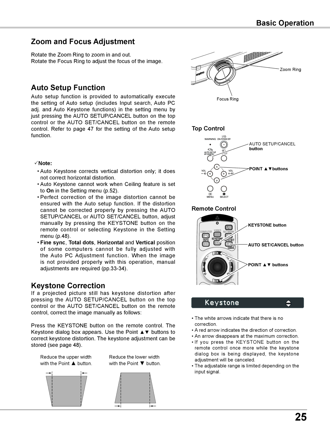 Sanyo PLC-XU305A, PLC-XU355A owner manual Zoom and Focus Adjustment, Auto Setup Function, Keystone Correction 