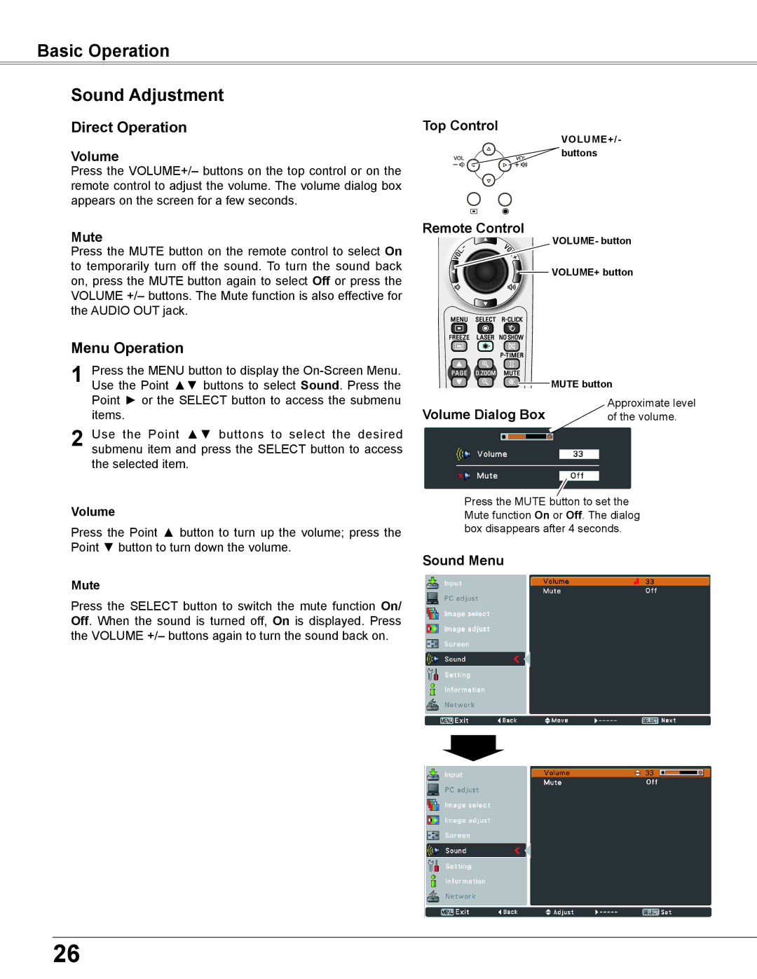 Sanyo PLC-XU355A, PLC-XU305A owner manual Basic Operation Sound Adjustment, Mute, Volume Dialog Box, Sound Menu 