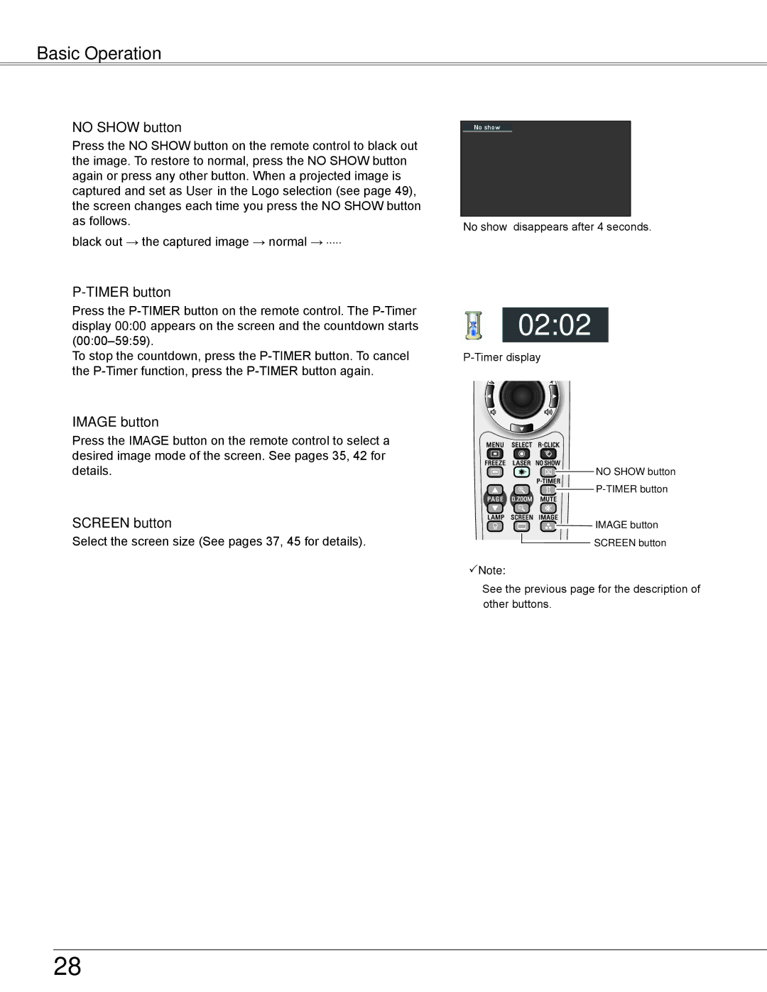 Sanyo PLC-XU355A, PLC-XU305A owner manual No SHOw button, Timer button, Image button, Screen button 