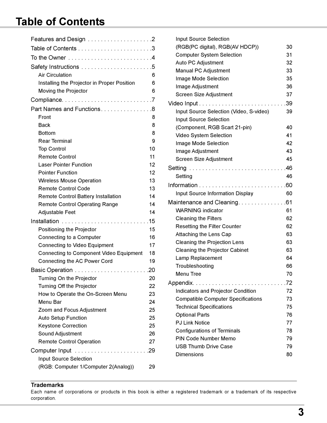 Sanyo PLC-XU305A, PLC-XU355A owner manual Table of Contents 