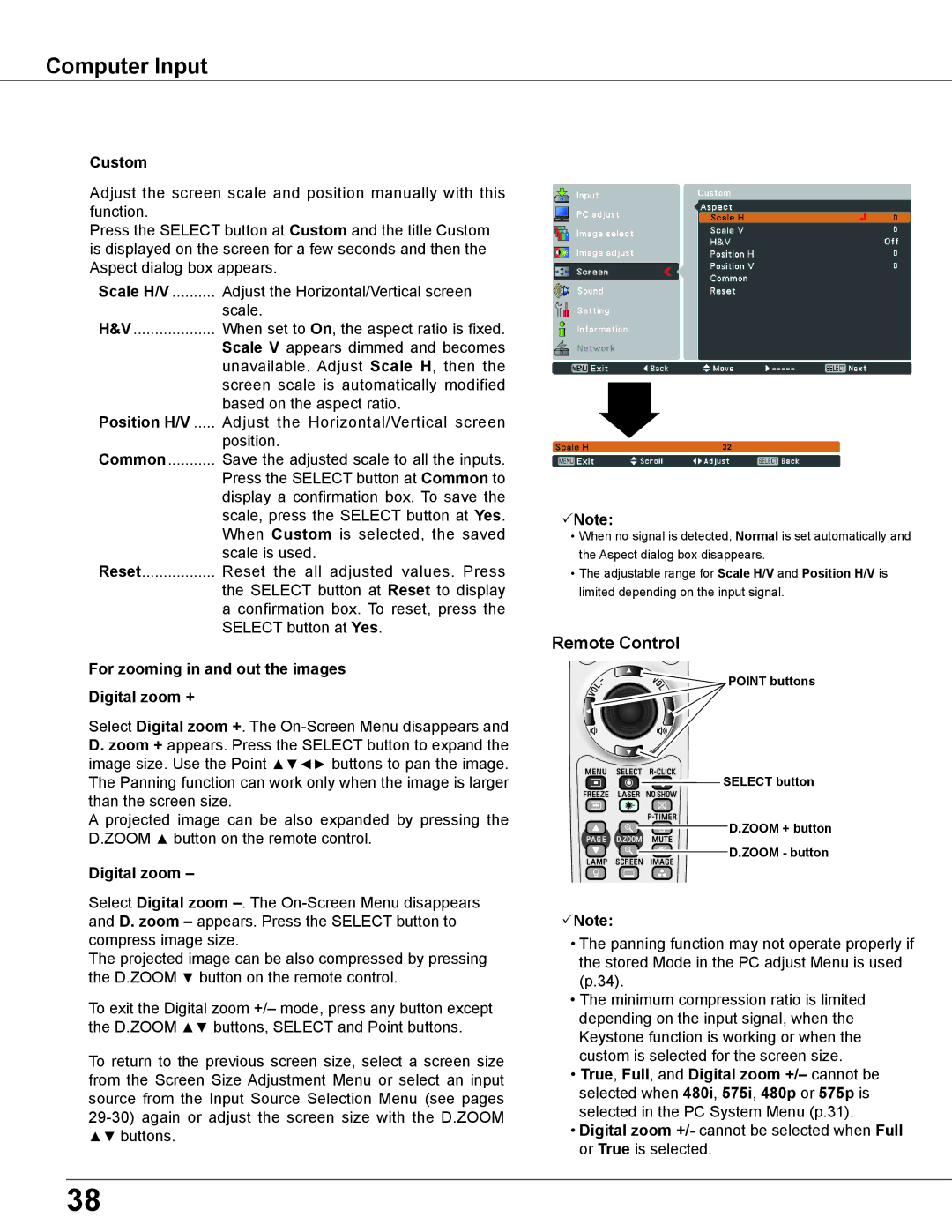 Sanyo PLC-XU355A, PLC-XU305A owner manual Custom, Scale H/V, Position H/V, For zooming in and out the images Digital zoom + 