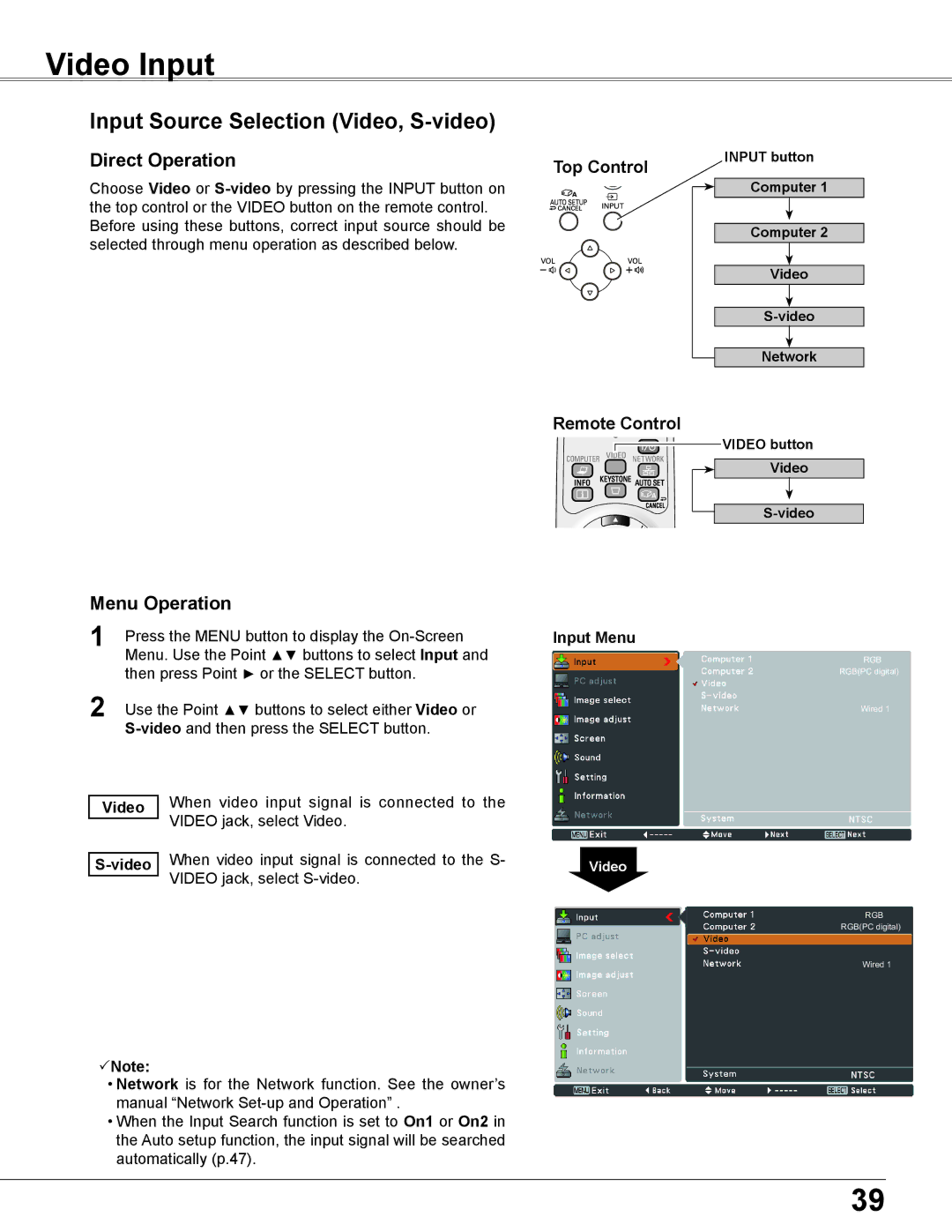 Sanyo PLC-XU305A, PLC-XU355A owner manual Video Input, Input Source Selection Video, S-video 