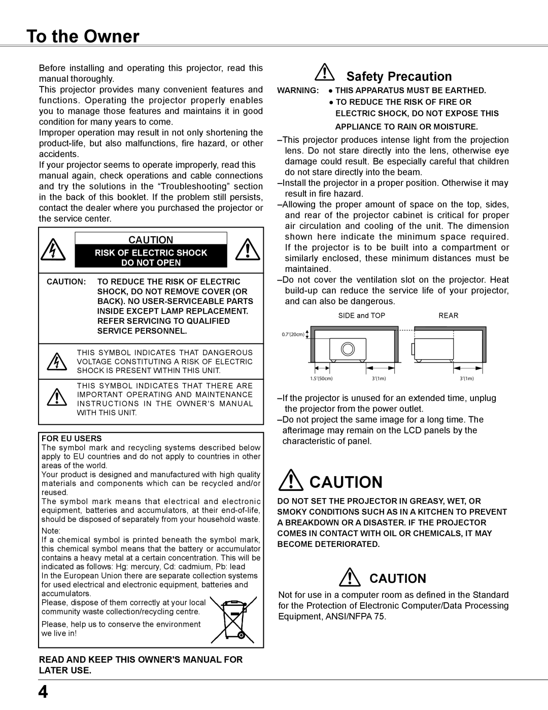 Sanyo PLC-XU355A, PLC-XU305A owner manual To the Owner, Safety Precaution 