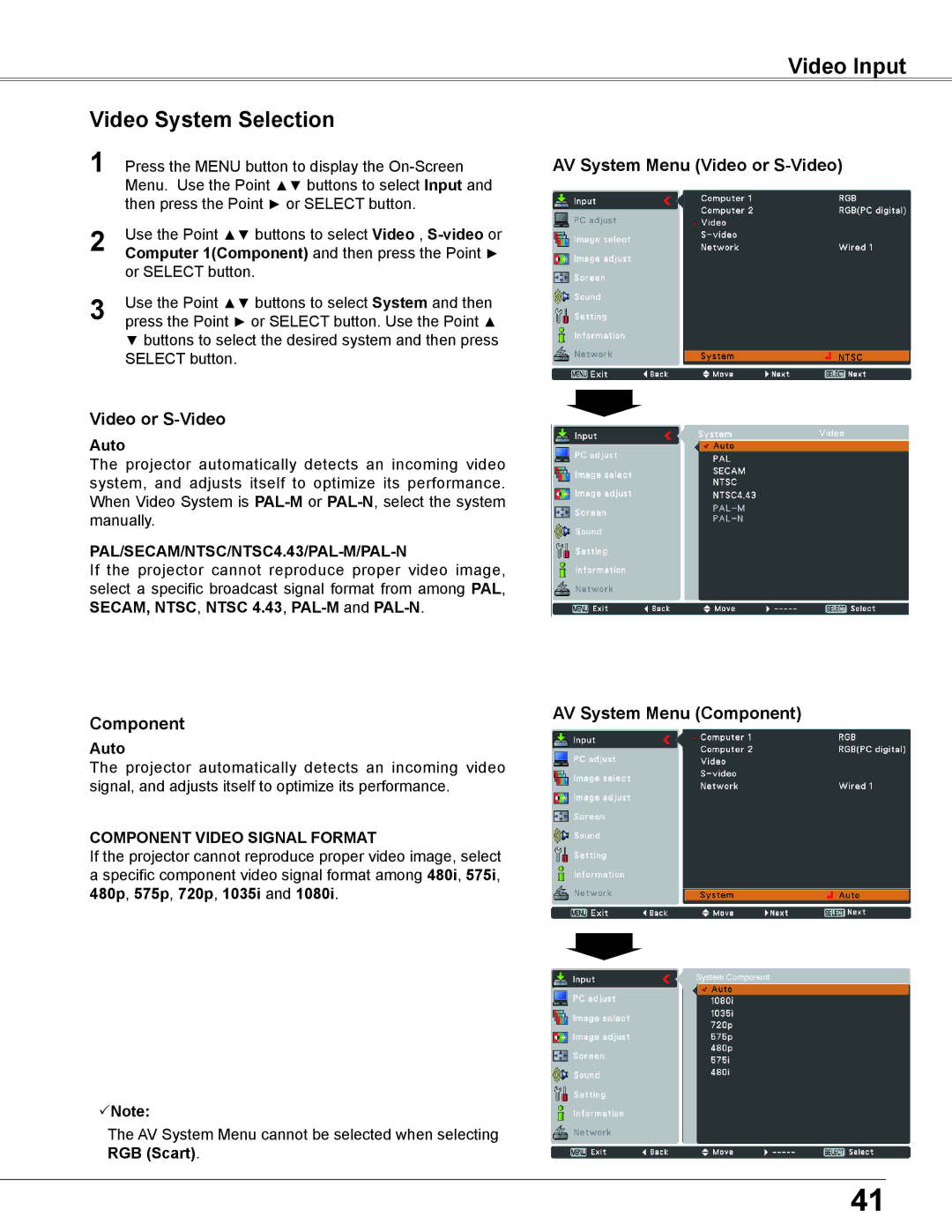 Sanyo PLC-XU305A Video Input Video System Selection, AV System Menu Video or S-Video, Component AV System Menu Component 