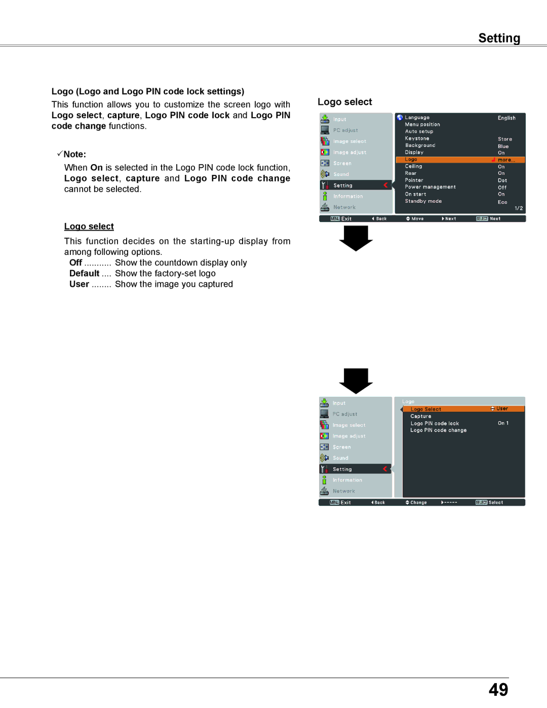 Sanyo PLC-XU305A Logo Logo and Logo PIN code lock settings Logo select, Logo select , capture and Logo PIN code change 