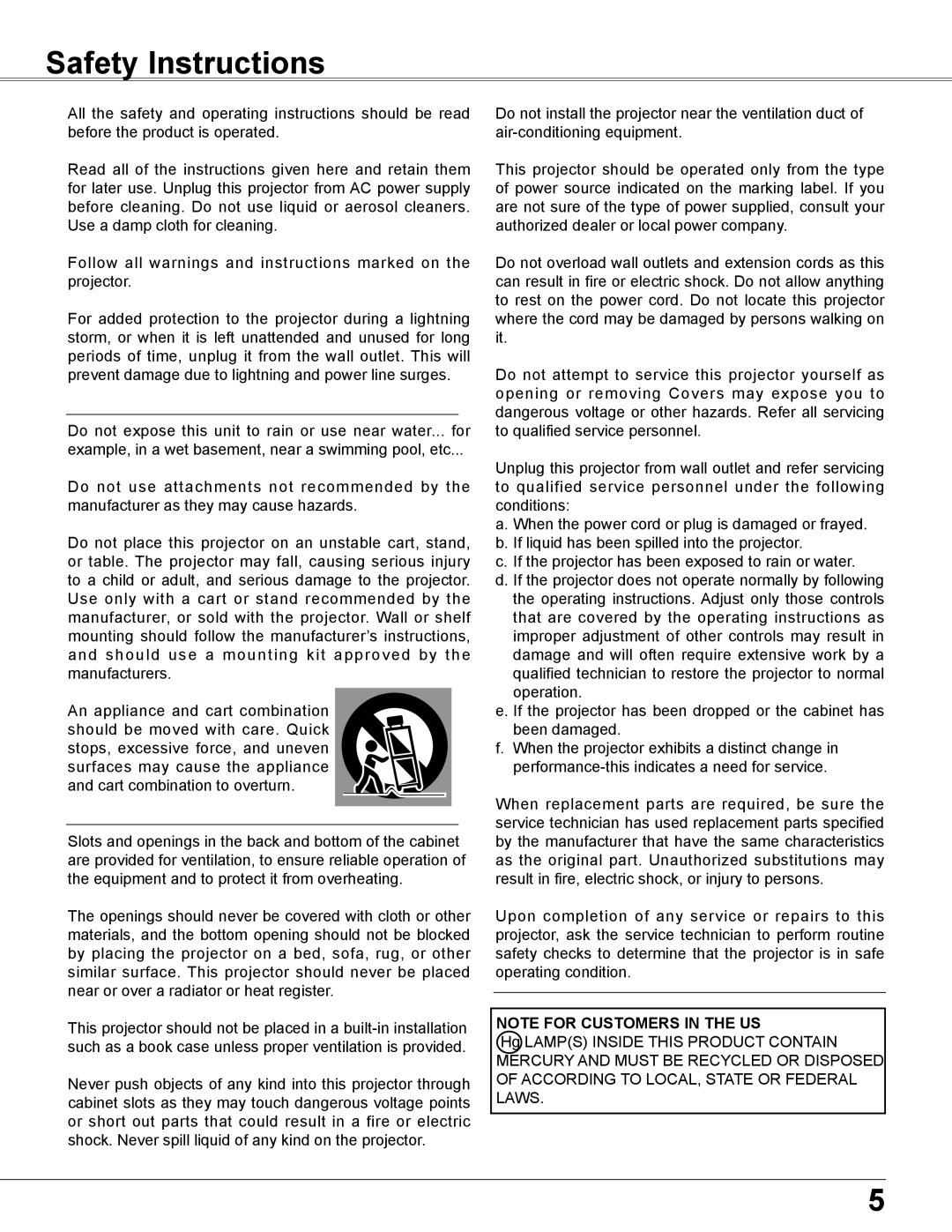 Sanyo PLC-XU305A, PLC-XU355A owner manual Safety Instructions 