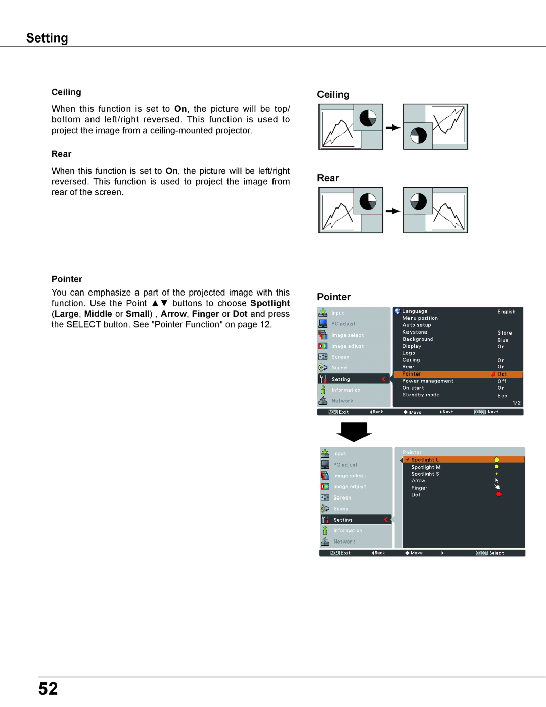 Sanyo PLC-XU355A, PLC-XU305A owner manual Ceiling, Rear, Large , Middle or Small , Arrow , Finger or Dot and press 