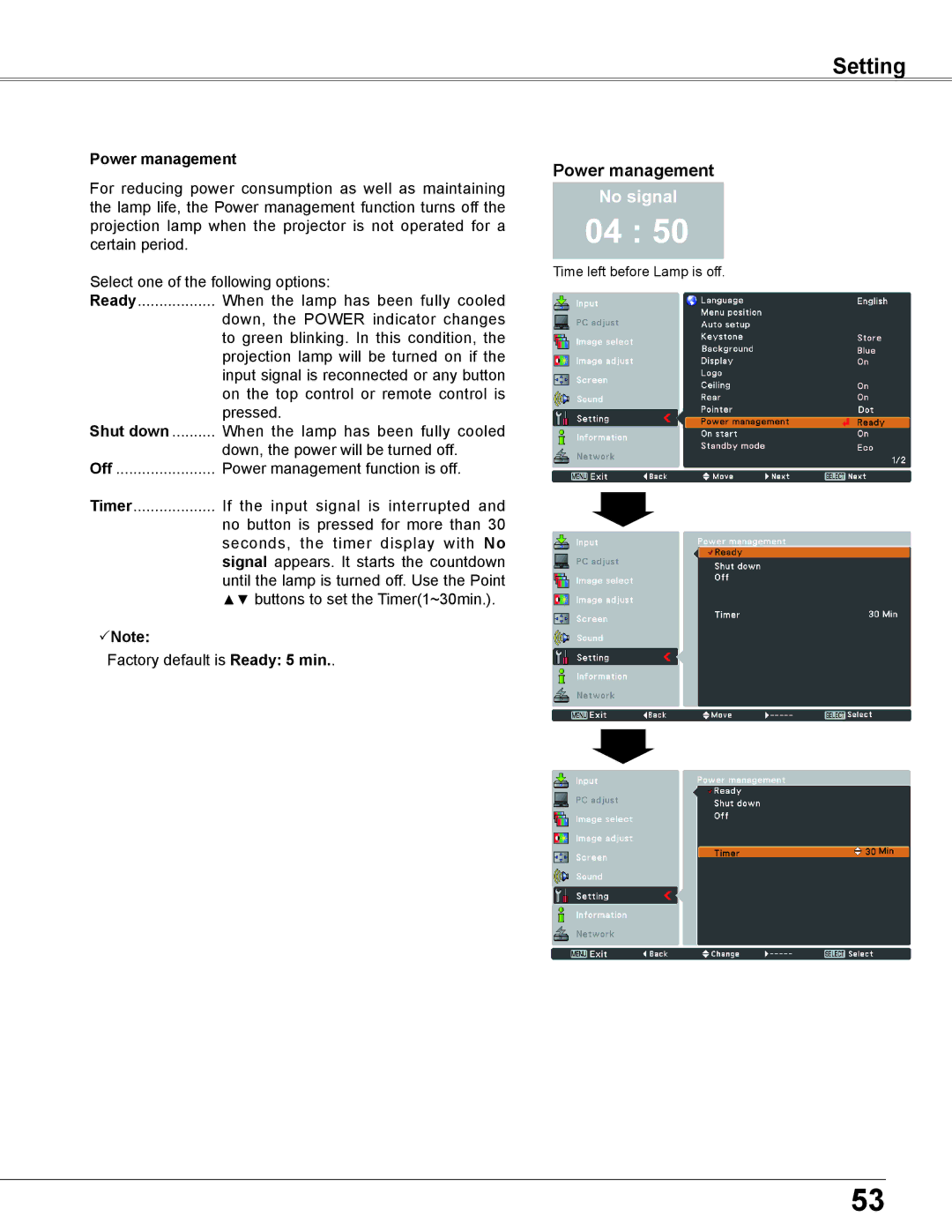 Sanyo PLC-XU305A, PLC-XU355A owner manual Power management, Note 