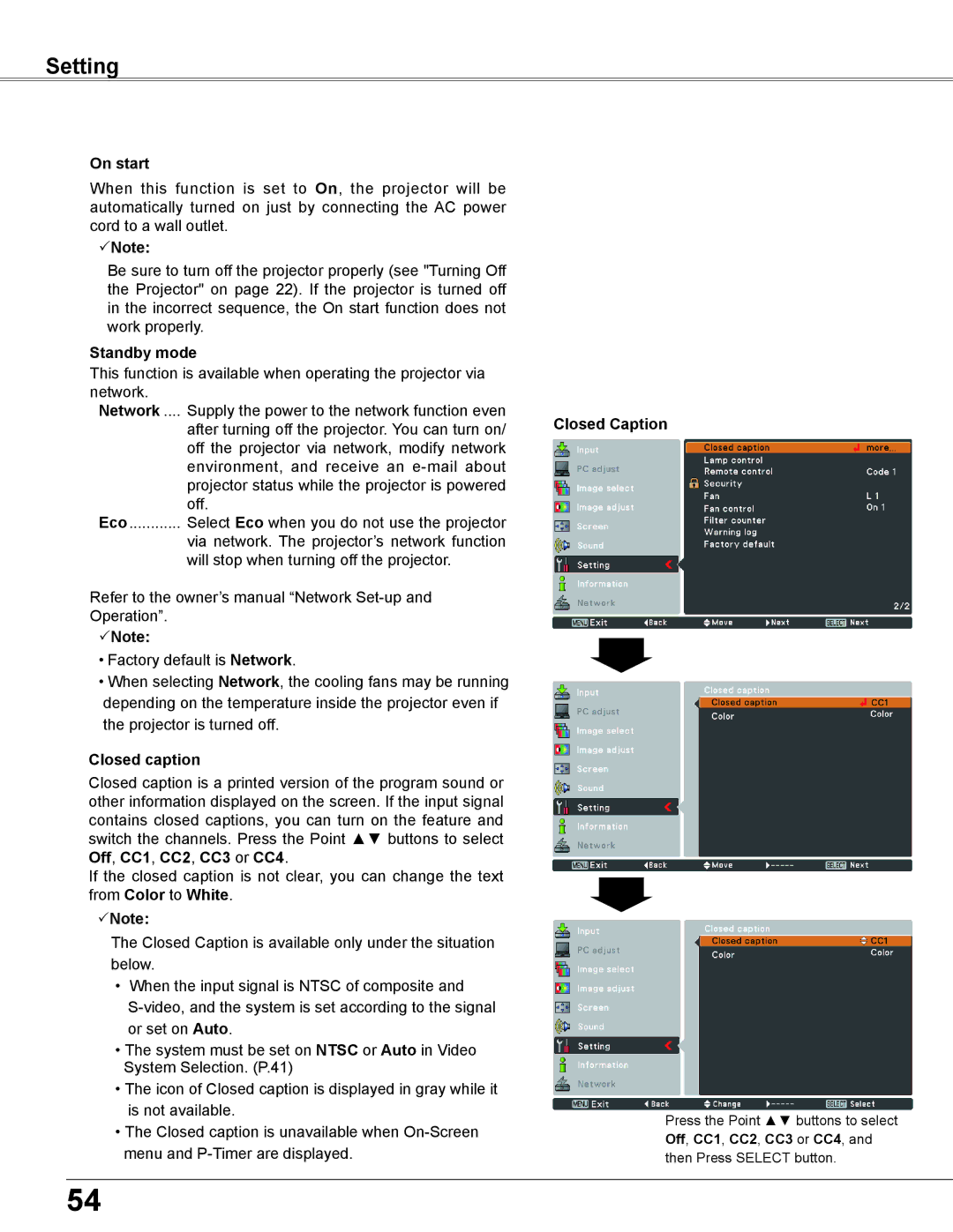 Sanyo PLC-XU355A, PLC-XU305A owner manual On start, Standby mode, Closed caption 