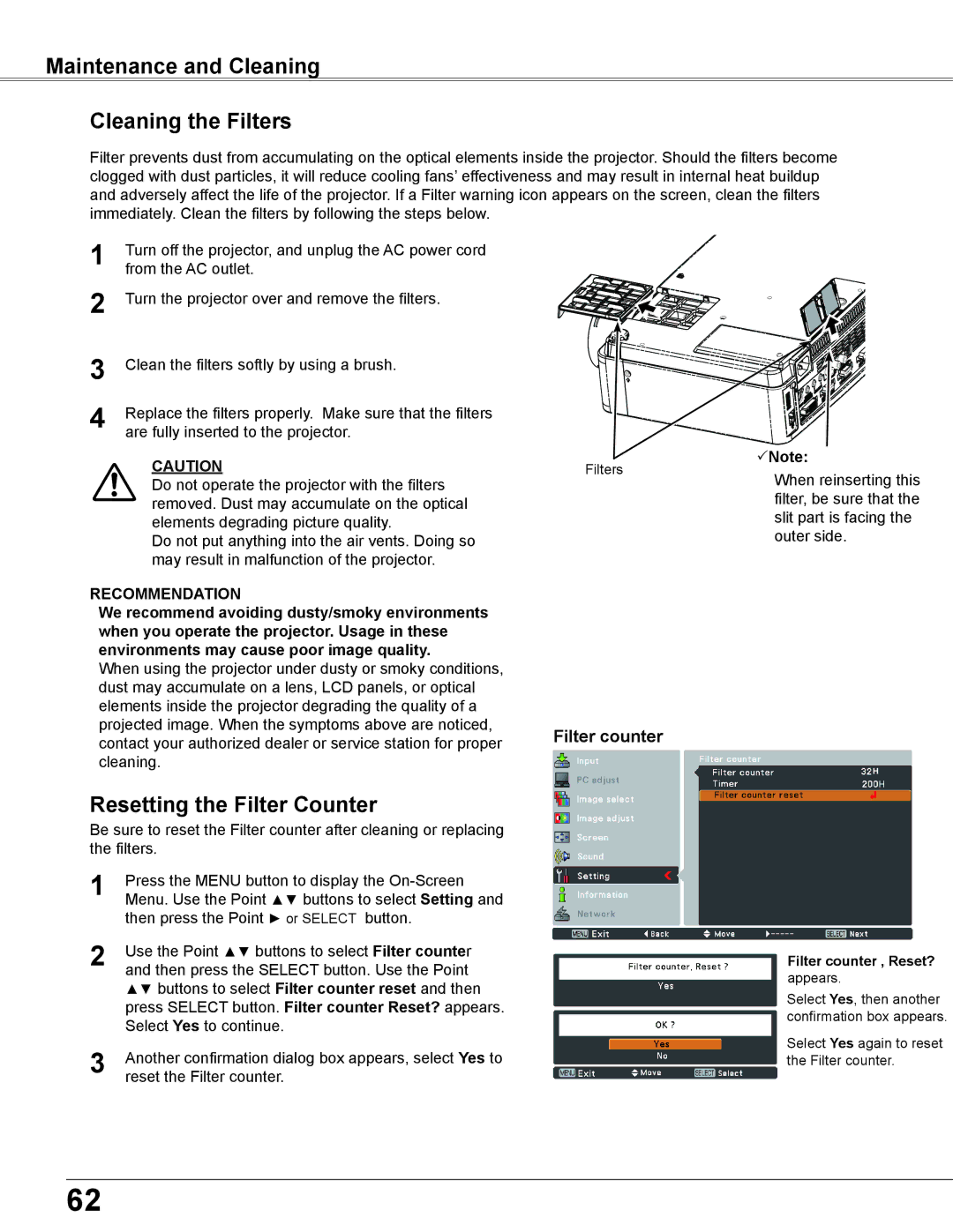 Sanyo PLC-XU355A, PLC-XU305A owner manual Maintenance and Cleaning Cleaning the Filters, Resetting the Filter Counter 