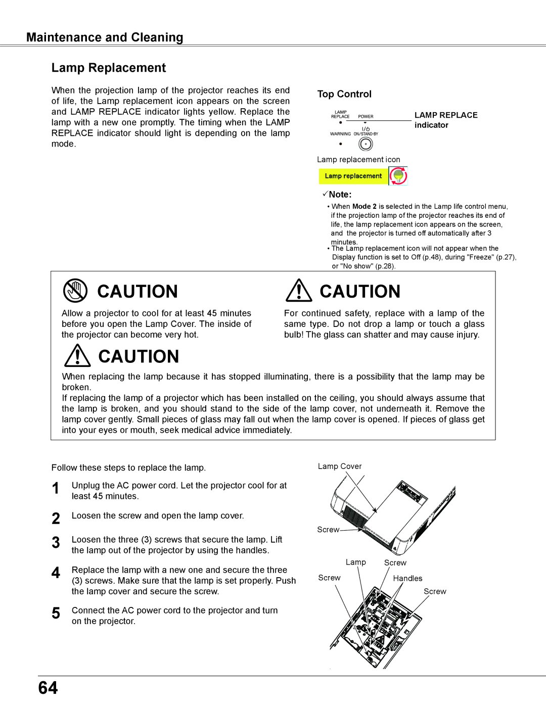 Sanyo PLC-XU355A, PLC-XU305A owner manual Maintenance and Cleaning Lamp Replacement, Top Control 