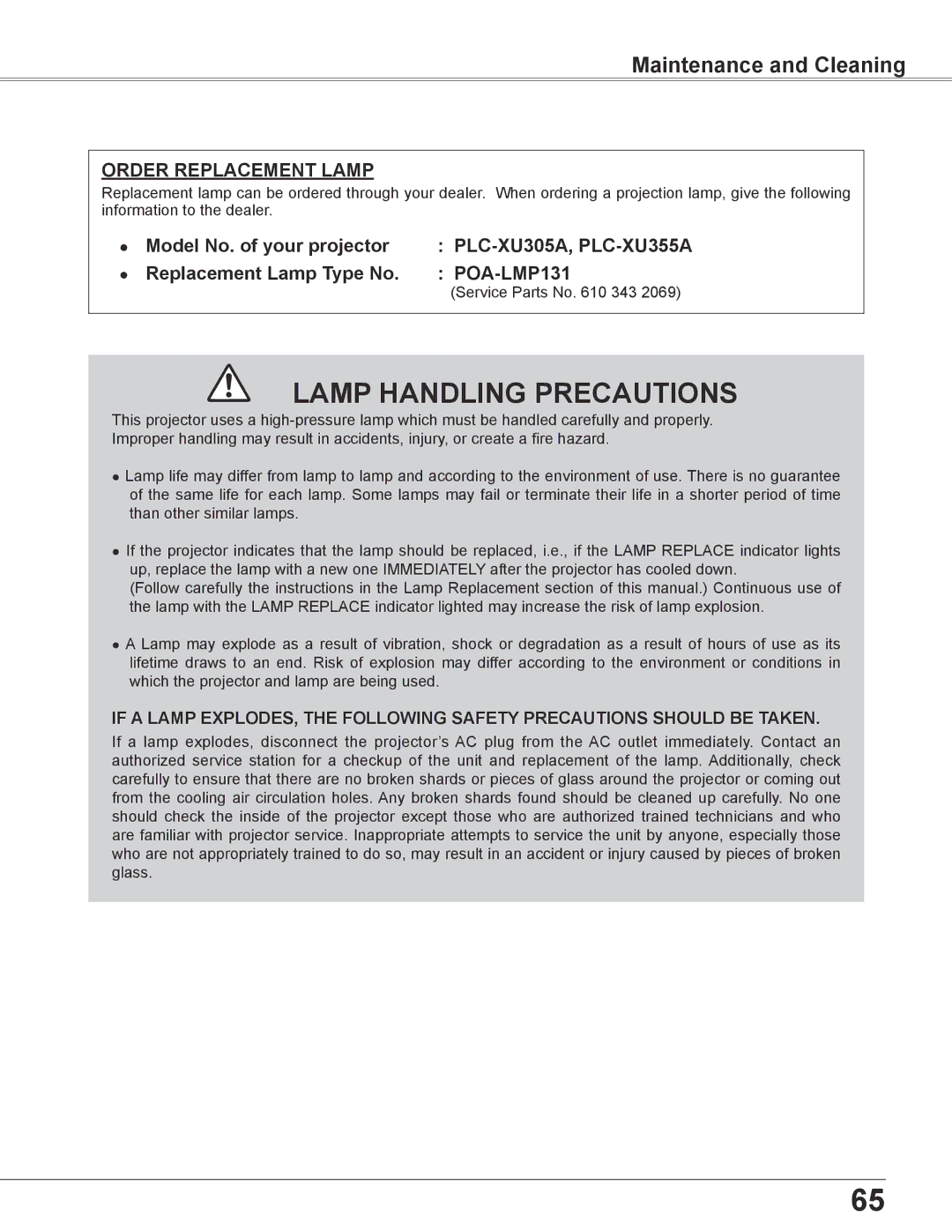 Sanyo PLC-XU305A, PLC-XU355A owner manual Maintenance and Cleaning, Service Parts No 343 