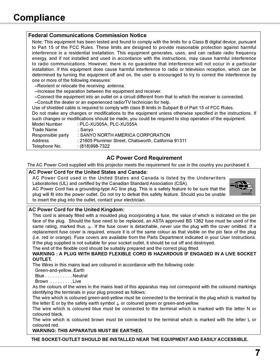 Sanyo PLC-XU305A Compliance, AC Power Cord for the United States and Canada, AC Power Cord for the United Kingdom 