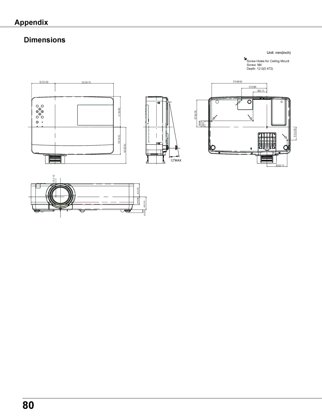 Sanyo PLC-XU355A, PLC-XU305A owner manual Appendix Dimensions, Unit mminch 