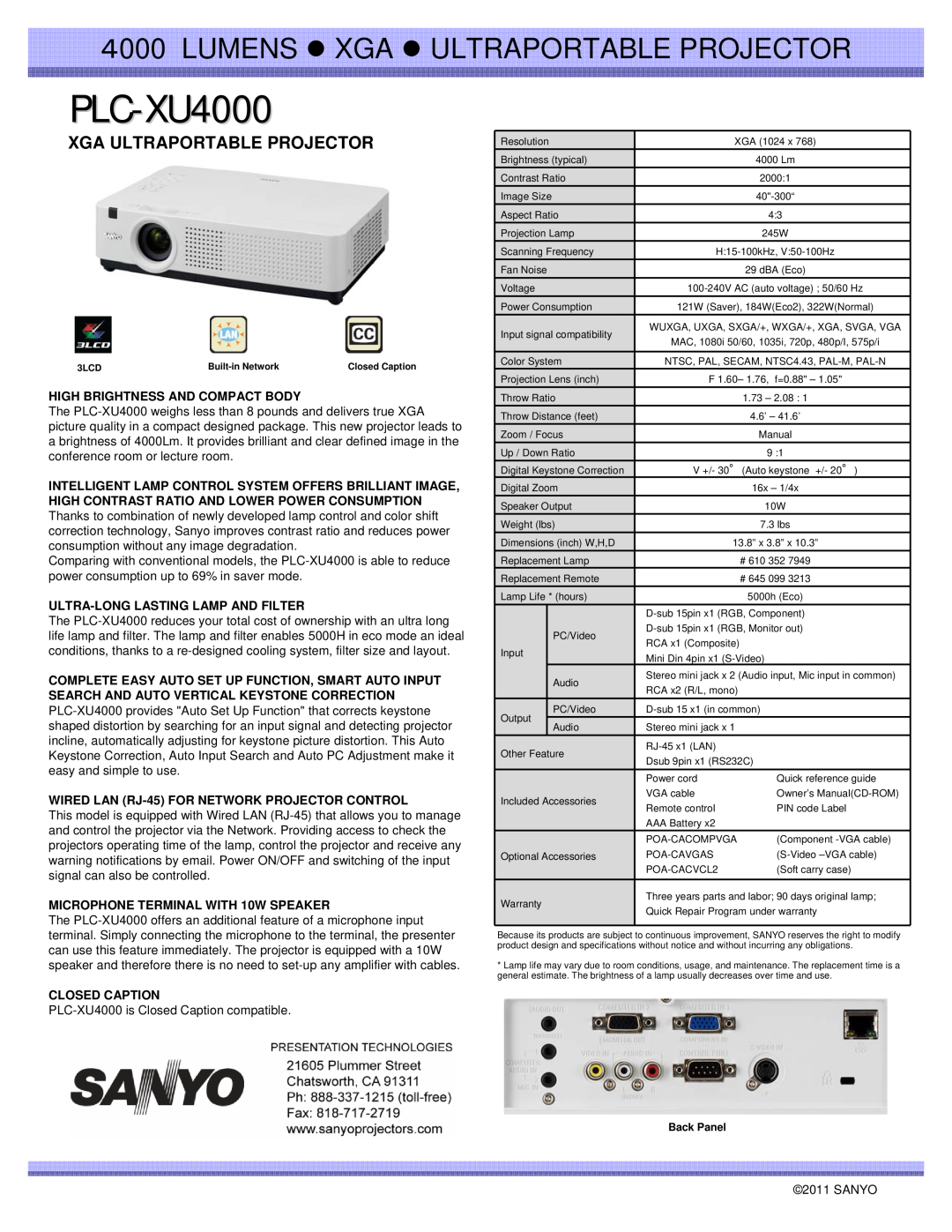 Sanyo PLC-XU4000 specifications LUMENS z XGA z ULTRAPORTABLE PROJECTOR, Xga Ultraportable Projector, Closed Caption 