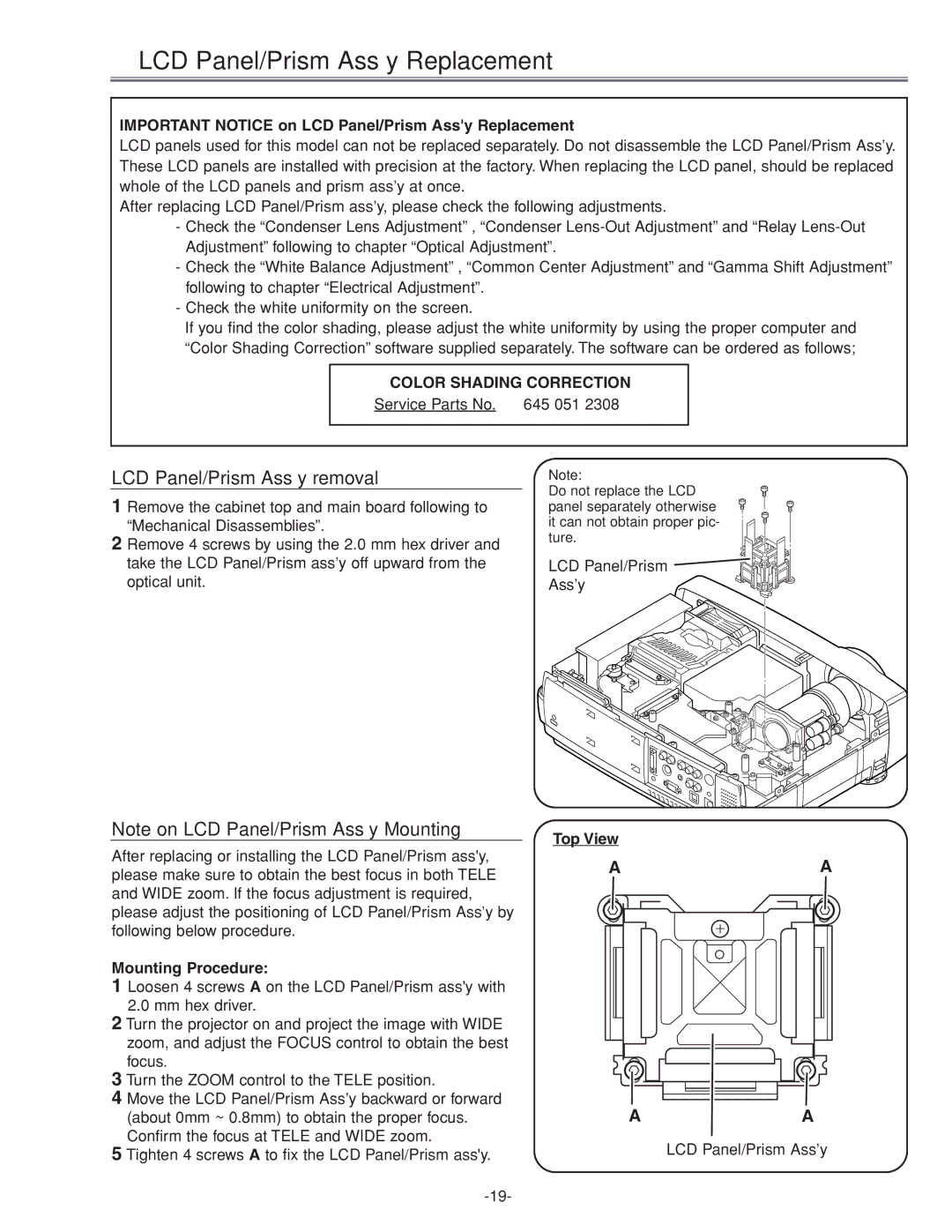 Sanyo PLC-XU45 service manual LCD Panel/Prism Ass’y Replacement, LCD Panel/Prism Ass’y removal, Color Shading Correction 