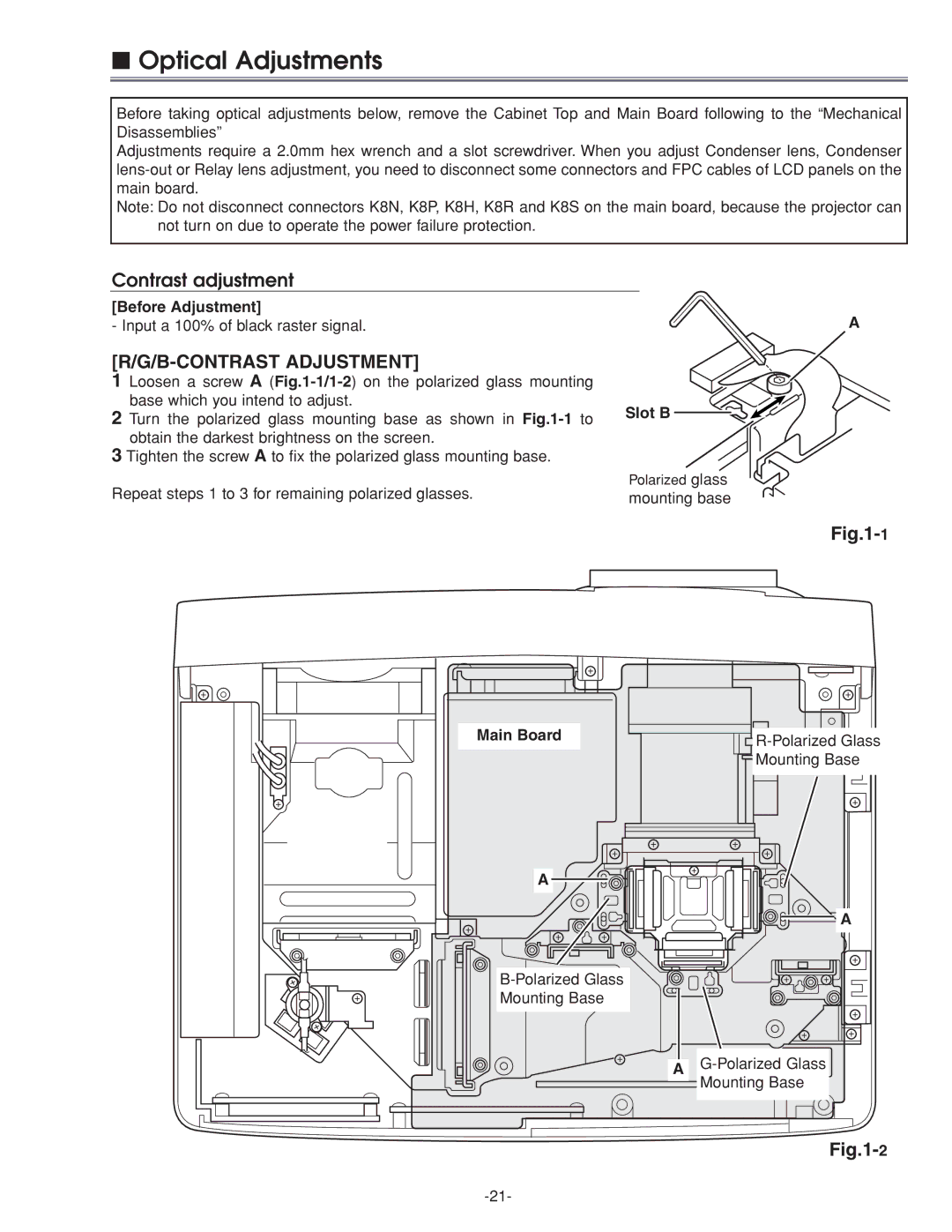 Sanyo PLC-XU45 service manual Optical Adjustments, Contrast adjustment, B-CONTRAST Adjustment 