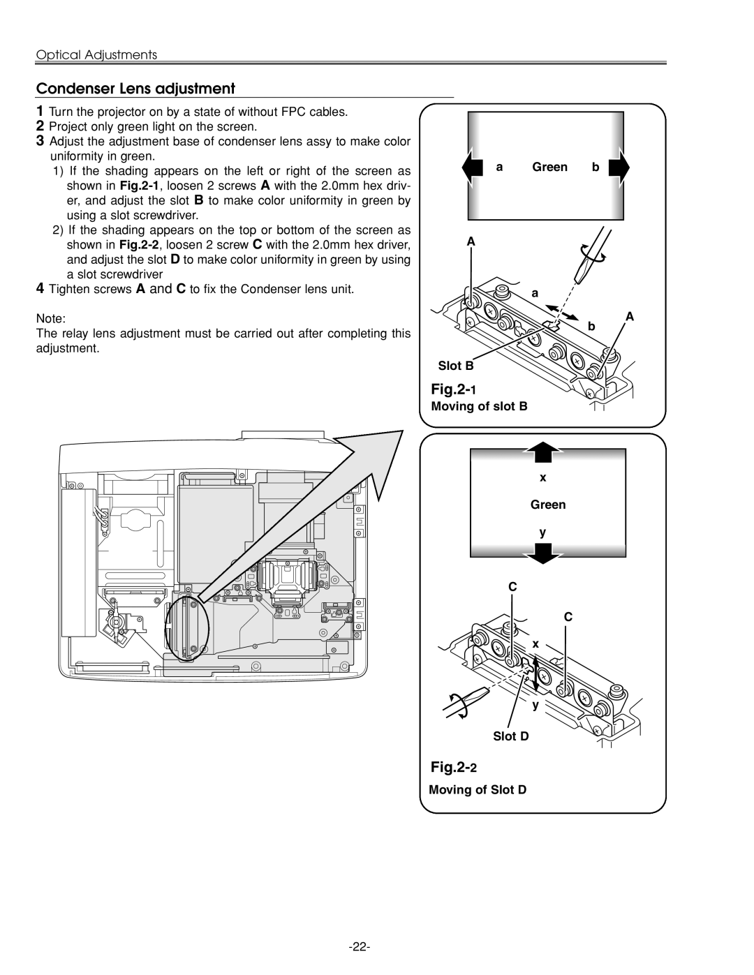 Sanyo PLC-XU45 service manual Condenser Lens adjustment, Green b Slot B Moving of slot B Slot D Moving of Slot D 