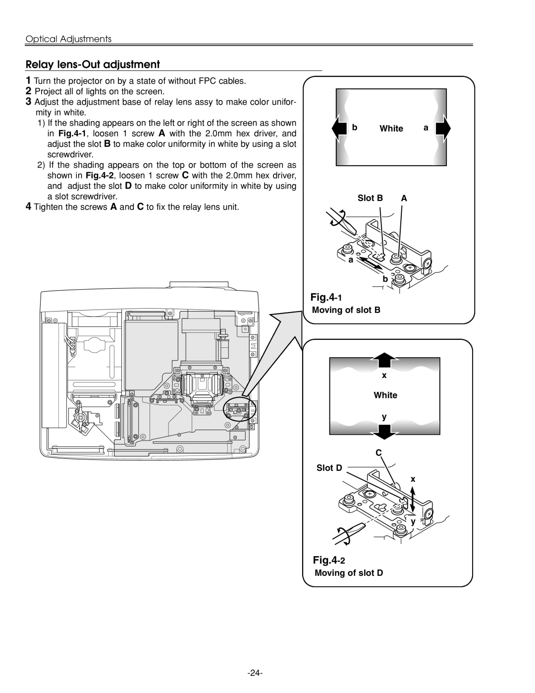 Sanyo PLC-XU45 service manual Relay lens-Out adjustment, White a Slot B a Moving of slot B, Slot D Moving of slot D 