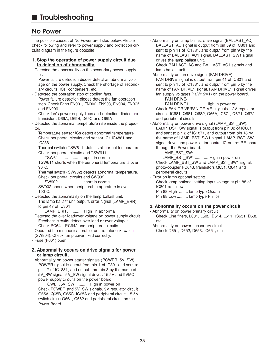 Sanyo PLC-XU45 service manual Troubleshooting, Abnormality occurs on the power circuit 