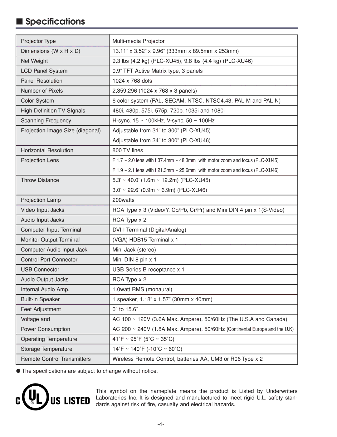 Sanyo PLC-XU45 service manual Specifications 