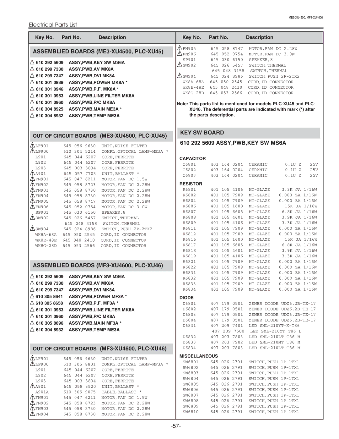 Sanyo service manual Assemblied Boards ME3-XU4500, PLC-XU45, KEY SW Board, 610 292 5609 ASSY,PWB,KEY SW MS6A 