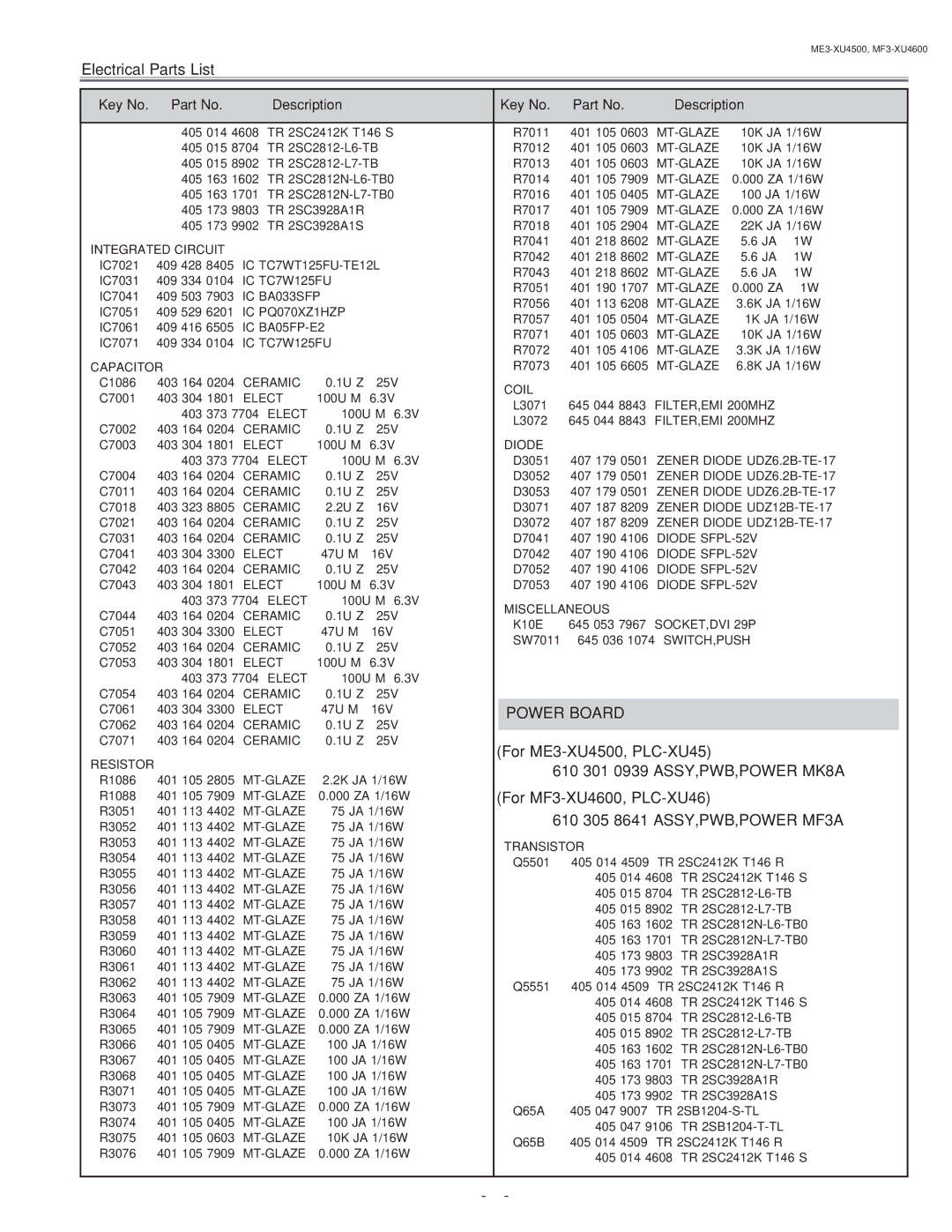 Sanyo service manual Power Board, For ME3-XU4500, PLC-XU45, 610 301 0939 ASSY,PWB,POWER MK8A, For MF3-XU4600, PLC-XU46 