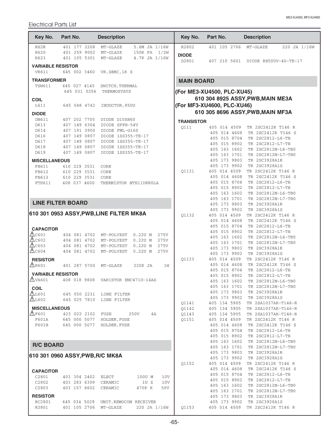 Sanyo PLC-XU45 service manual Main Board, Line Filter Board, 610 301 0953 ASSY,PWB,LINE Filter MK8A 